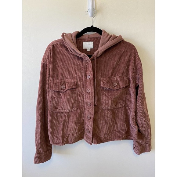 American Eagle Outfitters Jackets & Blazers - American Eagle Cropped Corduroy Hooded Shirt Jacket Rust Red Size Medium